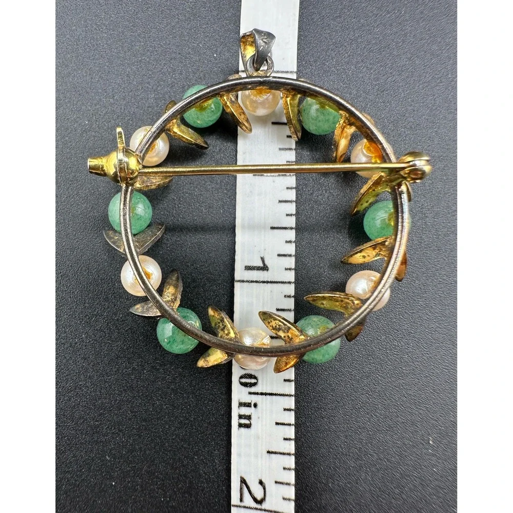 VTG 1940s 1950s Sterling Silver Jade Pearl Wreath Brooch Pendant